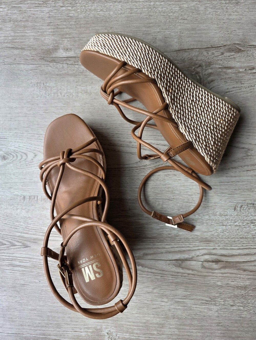 SM New York Strappy Wedge Sandals | Brown Braided Platform | Size 6.5M